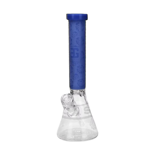 A clear glass beaker-style water pipe with a textured blue silicone sleeve and a blue mouthpiece, shown on a plain white background.