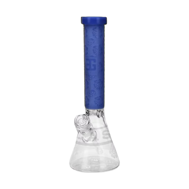 A clear glass beaker-style water pipe with a textured blue silicone sleeve and a blue mouthpiece, shown on a plain white background.
