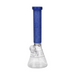 A clear glass beaker-style water pipe with a textured blue silicone sleeve and a blue mouthpiece, shown on a plain white background.