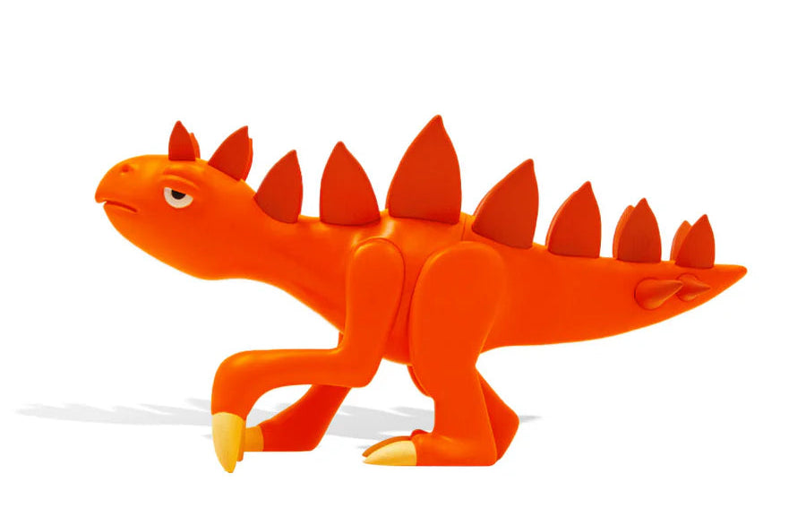 Orange dinosaur toy with spikes on a white background