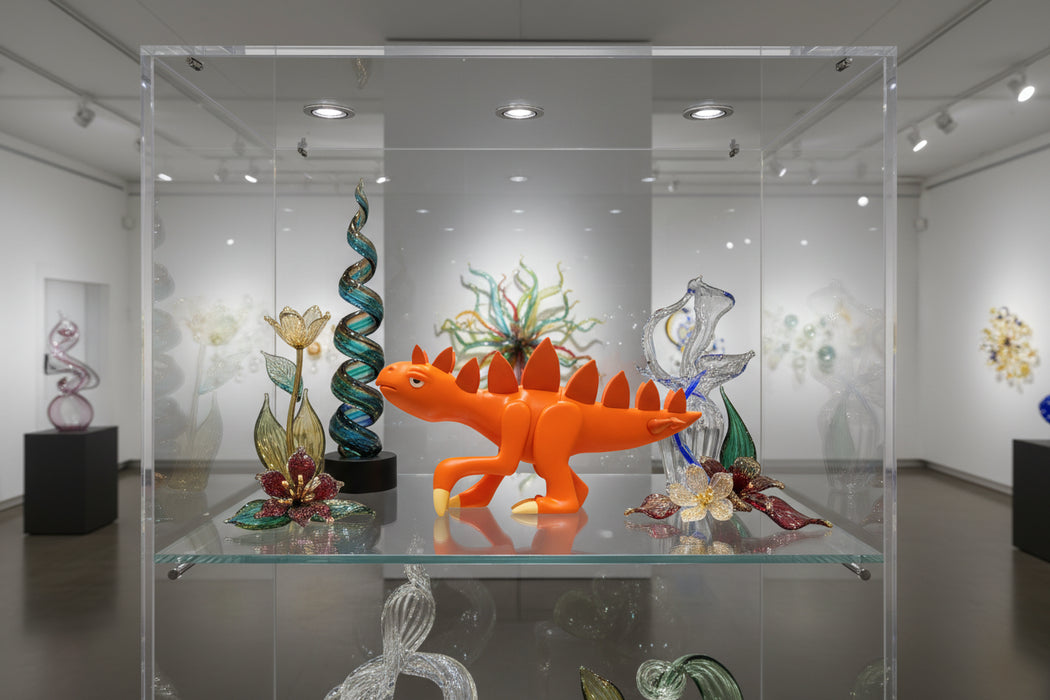 Orange dinosaur toy with spikes on a white background