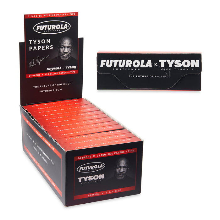 Display of Futurola x Tyson rolling papers packaging on a white background