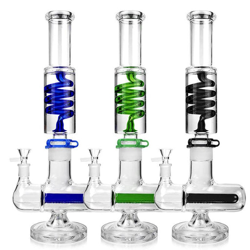 Three glass smoking devices with spiral features on a white background