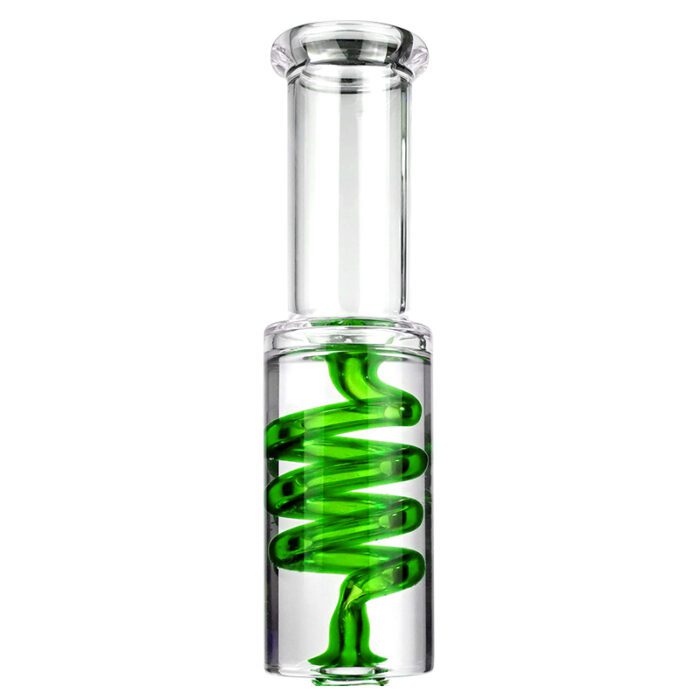 Clear glass pipe with a green spiral inside on a white background