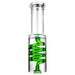Clear glass pipe with a green spiral inside on a white background