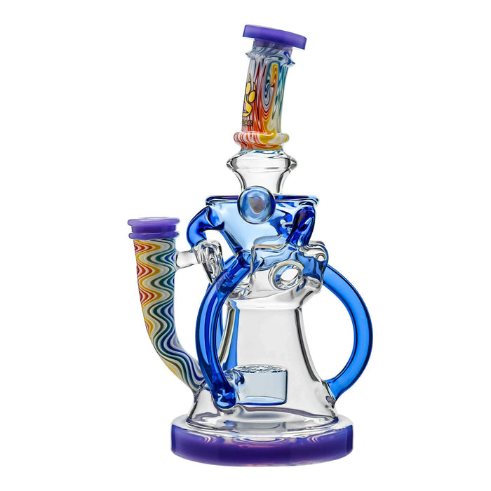 Colorful glass smoking device with blue and purple accents on a white background