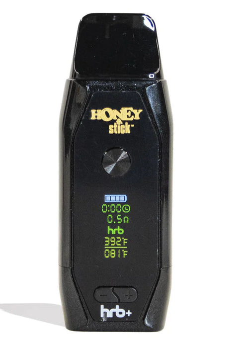Black electronic device with 'honey stick' branding on a white background