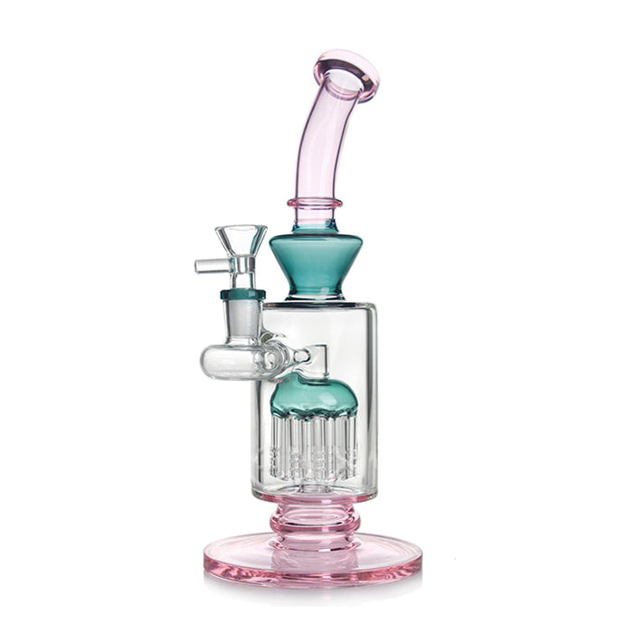 Glass water pipe with pink and teal components on a white background