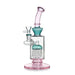Glass water pipe with pink and teal components on a white background