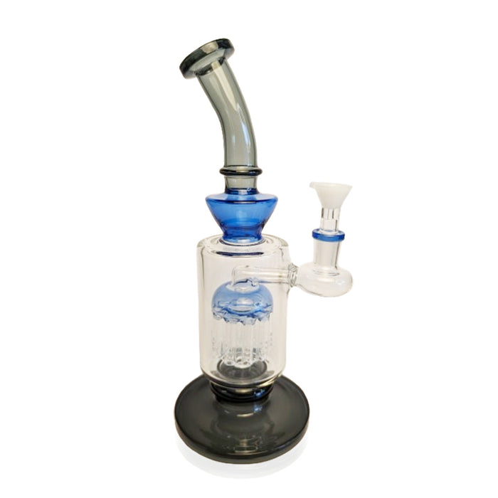 Glass water pipe with blue accents on a white background