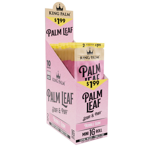A pink retail display box of Palm Leaf Stuff & Puff double gum, showing two individual packets of double roll gum with yellow bands and cream tops, on a plain white background.