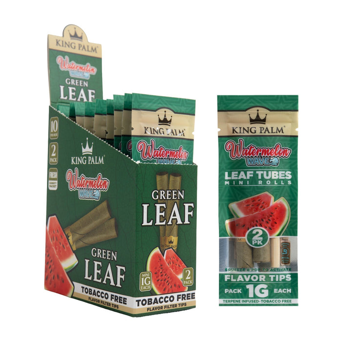 King Palm Watermelon Green Leaf flavor filter tips display box and a single packet of leaf tubes with flavor tips, featuring watermelon graphics on a white background.