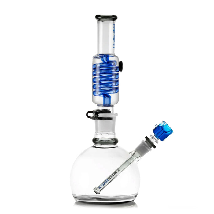 Clear glass water pipe with blue accents on a white background