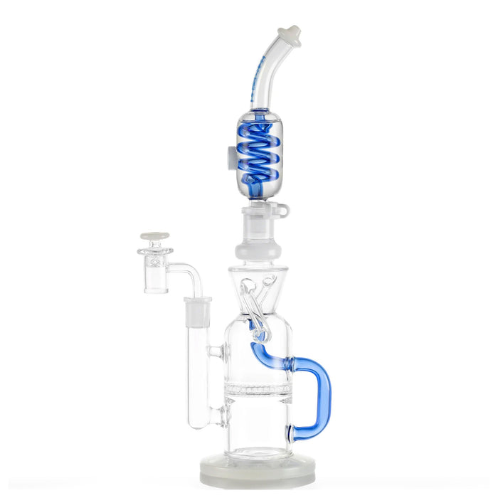 Glass water pipe with blue accents on a white background
