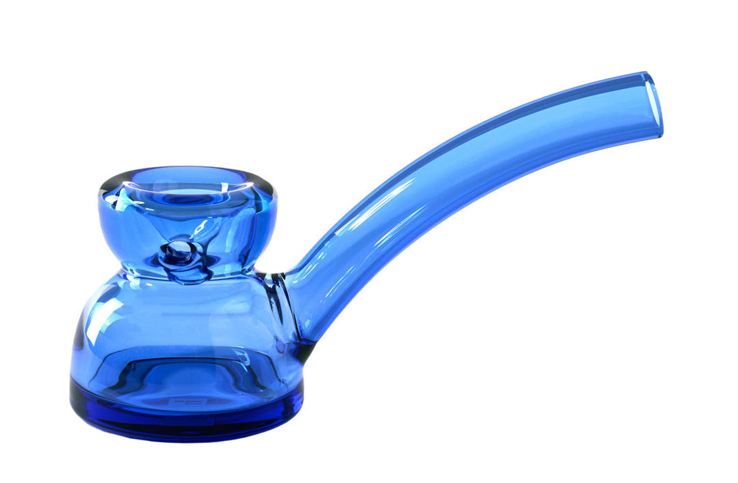 A translucent blue glass water pipe with a wide bowl and a curved stem, shown on a plain white background.