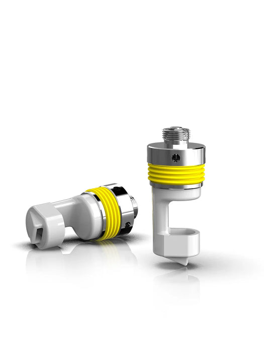 Two cylindrical metal components with yellow bands on a white background