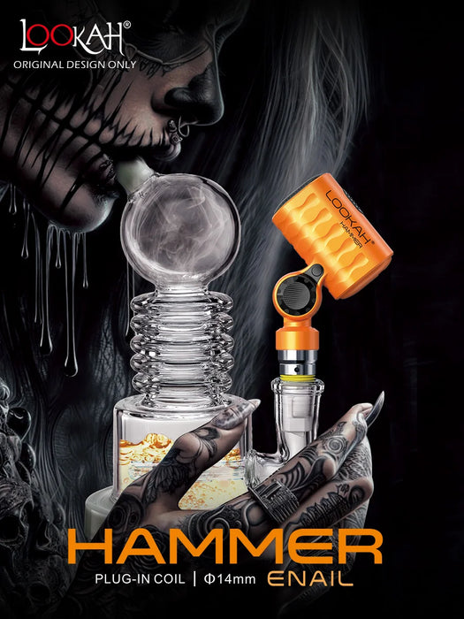 Lookah Hammer plug-in coil with glass nail and orange cap on a dark background