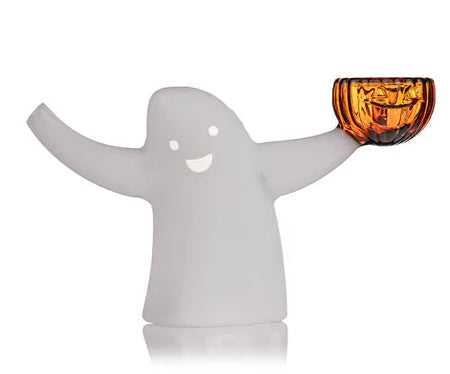 Ghost-shaped candle holder with a small orange candle on a white background