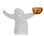 Ghost-shaped candle holder with a small orange candle on a white background