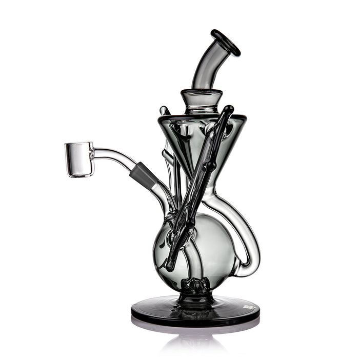 Glass smoking device with black accents on a white background