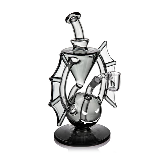 Glass smoking device with spider web design on a white background