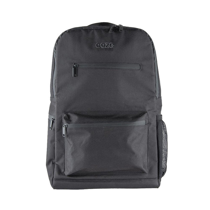 Black backpack with 'OOZE' branding on a white background