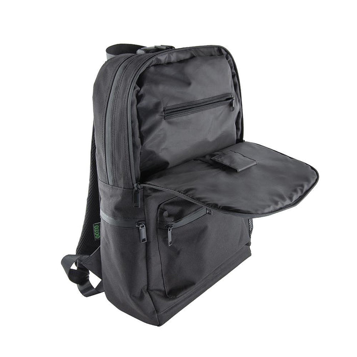 Black backpack with open front compartment on a white background