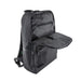 Black backpack with open front compartment on a white background