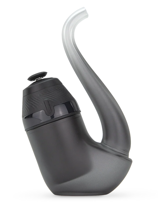 Black handheld device with a curved hose on a white background