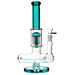 Glass water pipe with teal accents on a white background