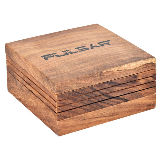 Stack of wooden boxes with 'Pulsar' branding on a white background