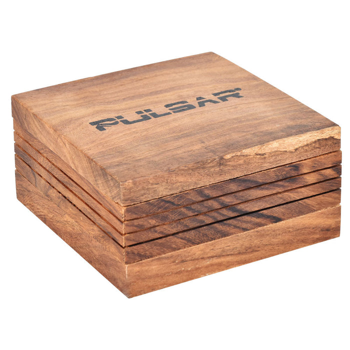 Stack of wooden boxes with 'Pulsar' branding on a white background