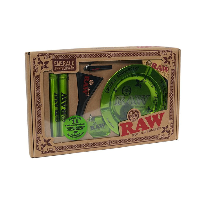RAW branded smoking accessory set in a box with green and red elements.