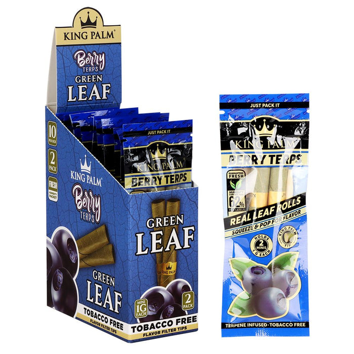 Display of King Palm Berry Terp Green Leaf tobacco-free products with packaging and product packaging.