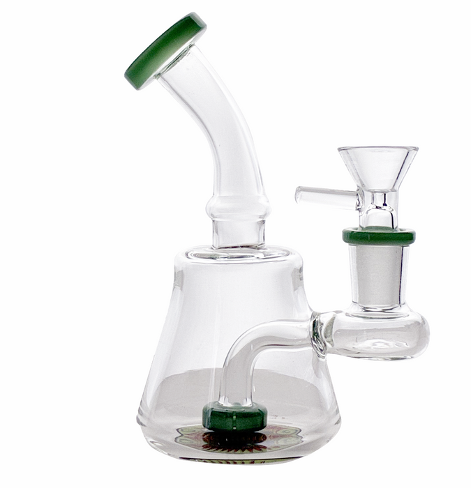 Clear glass smoking device with green accents on a white background