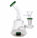 Clear glass smoking device with green accents on a white background