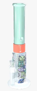 Turquoise and pink water pipe with decorative elements on a white background