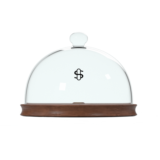 Glass dome with wooden base and dollar sign symbol on a white background