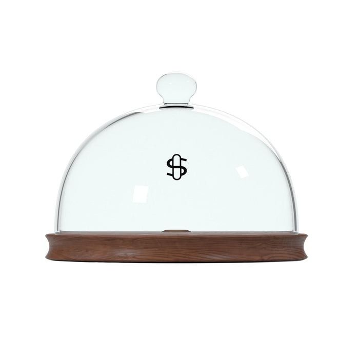 Glass dome with wooden base and dollar sign symbol on a white background