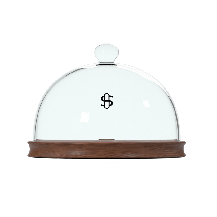 Glass dome with wooden base and dollar sign symbol on a white background