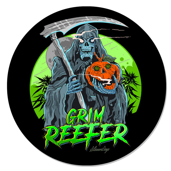 Circular graphic with a grim reaper holding a jack-o'-lantern against a black background