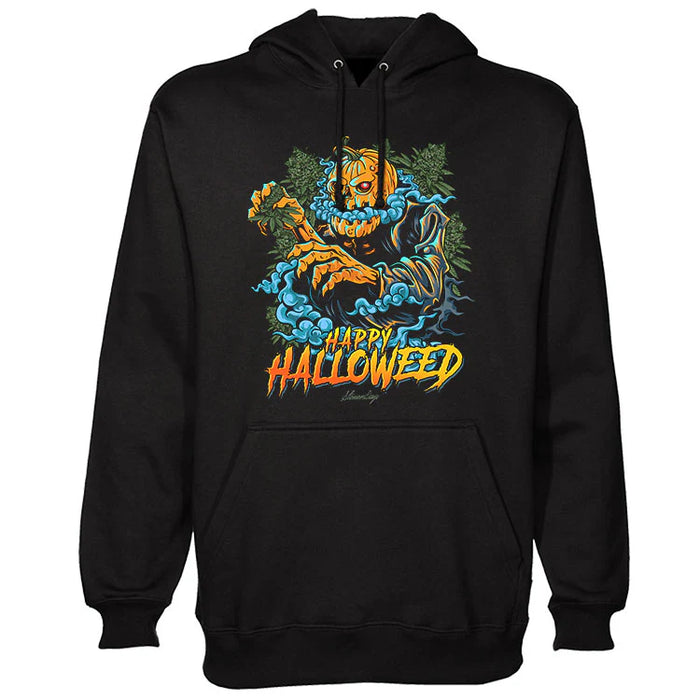 Black hoodie with a Halloween-themed design featuring a jack-o'-lantern and the text 'Happy Halloweed'.