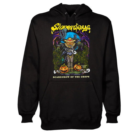 Black hoodie with 'Strangerdads' scarecrow design on a white background