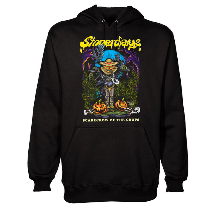 Black hoodie with 'Strangerdads' scarecrow design on a white background
