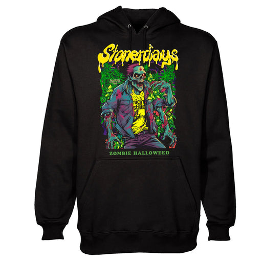Black hoodie with a colorful zombie graphic and text on a white background