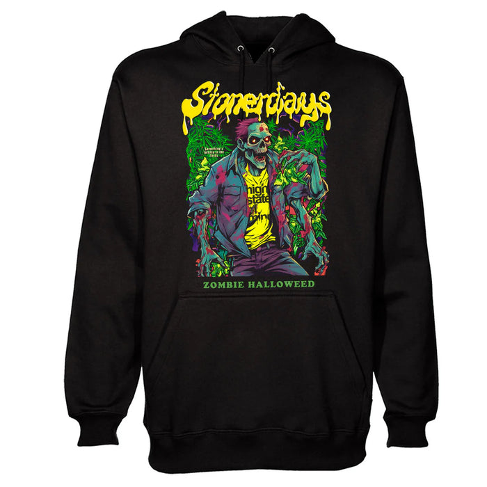 Black hoodie with a colorful zombie graphic and text on a white background