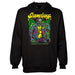 Black hoodie with a colorful zombie graphic and text on a white background
