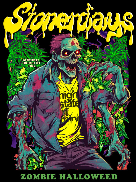 Zombie wearing a 'High State of Mind' shirt with colorful design and text on a black background