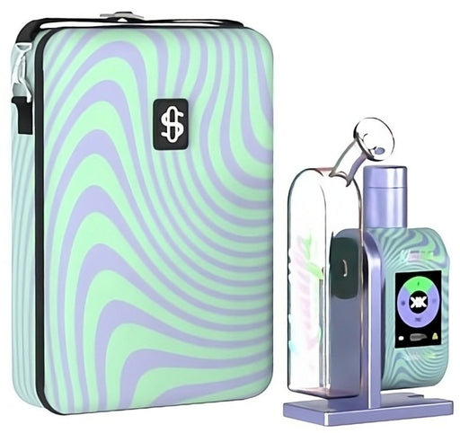 Green and purple patterned case with a brand logo