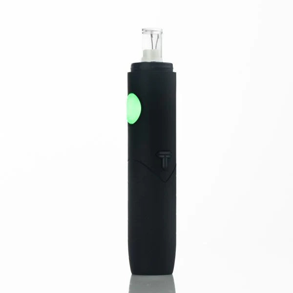 Black electronic device with a green light on a white background